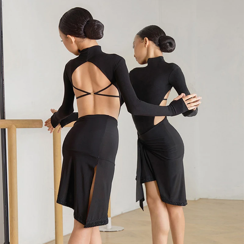 Костюм для латинских танцев девочек топы с высоким воротником и длинными