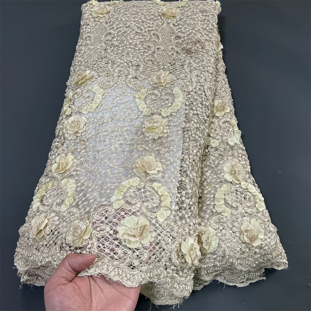 

2023 высококачественная ткань, вышивка блестками, французское гипюровое свадебное платье, бусины 5 ярдов Z0422