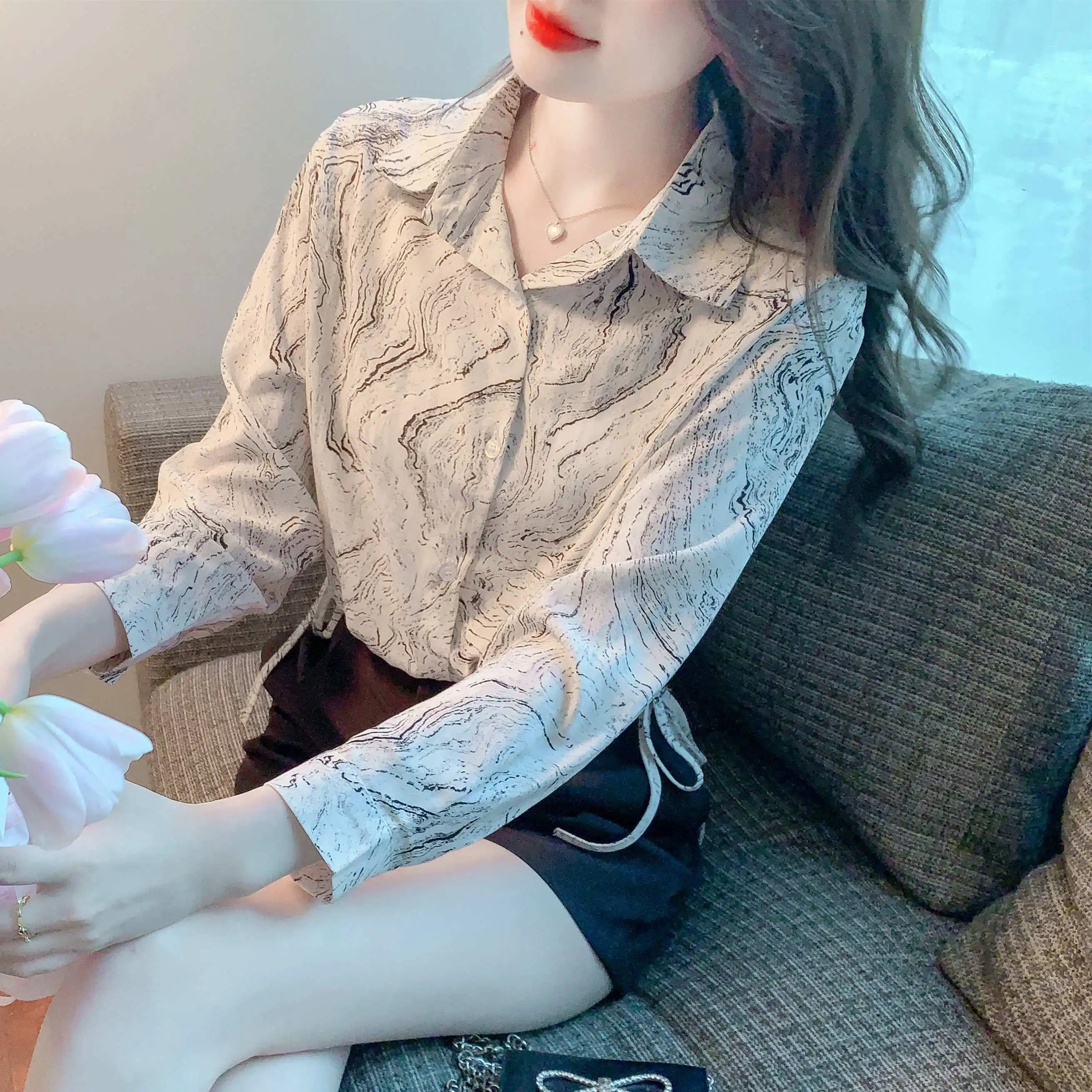 

COIGARSAM Shirt Womens Tops Summer 2022 New Print Chiffon Loose Thin Women Shirts Dropshipping
