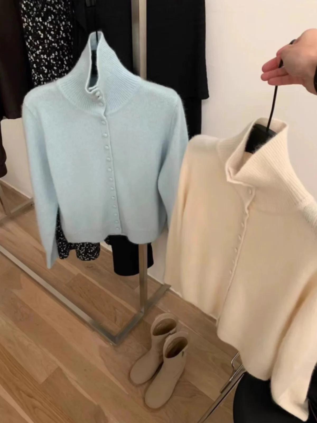 European Goods Hot Milk Blue Turtleneck sweater Outerwear Women Autumn and Winter High-Grade Temperament Idle Sle Fleece Kn...