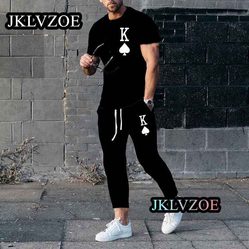 Summer Men's Short Sleeve T-shirt+Sports Pants 2 Piece 3D Printing K King Men's Sports Set Fashion Street Men's Jogger