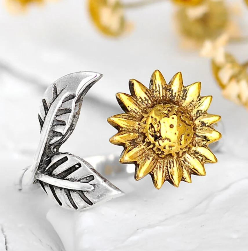 

ANGLANG New Punk Adjustable Sunflower Rings for Women Silver Colour Engagement Wedding Band Rings for Female Party Jewelry Gifts