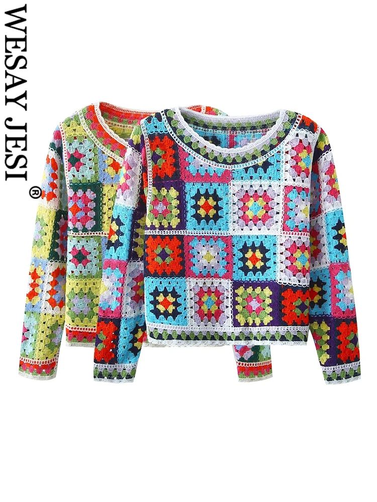 

WESAY JESI двухцветный одноразмерный СВОБОДНЫЙ Модный женский пуловер с круглым вырезом свитер разноцветный квадратный лоскутный Узор Женский...