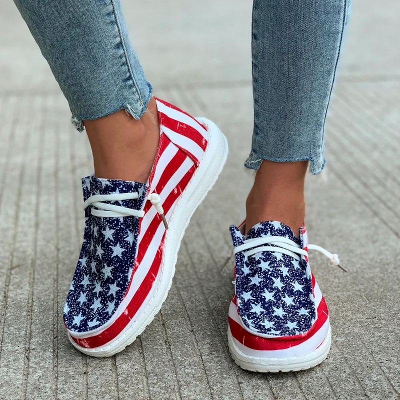 2023 Canvas Shoes Woman Light Weight Slip-on Flat Sneakers Ladies Summer Breathable Cloth Loafers Brand Design Print