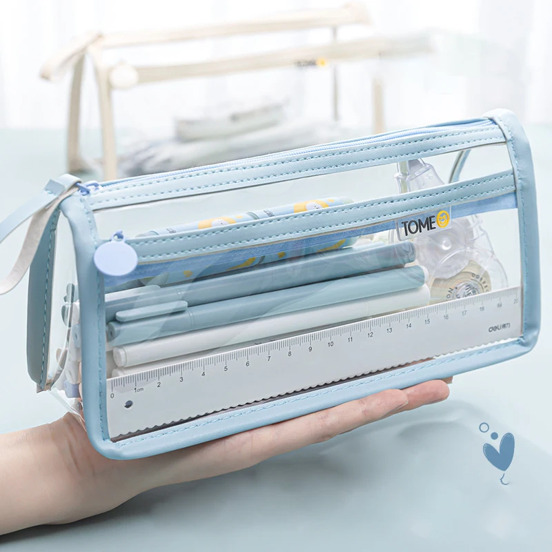 TPU Double Layers Transparent Pencil Case Large Capacity Stationery Bag Pen Bag for Primary school Students Pupil