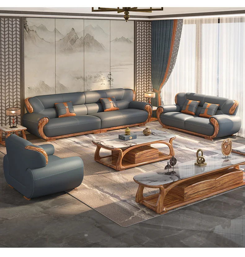 

New Chinese black gold wood leather solid wood sofa modern simple villa living room large family furniture