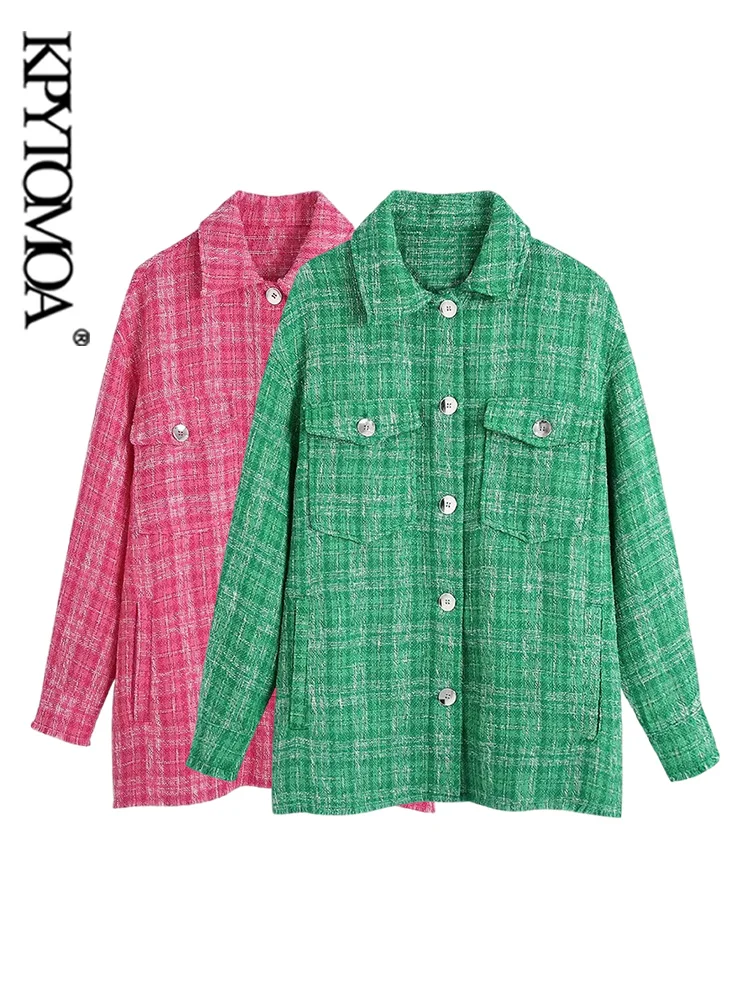 

KPYTOMOA Women Fashion Oversized Tweed Check Jacket Coat Vintage Long Sleeve Frayed Trims Female Outerwear Chic Overshirt