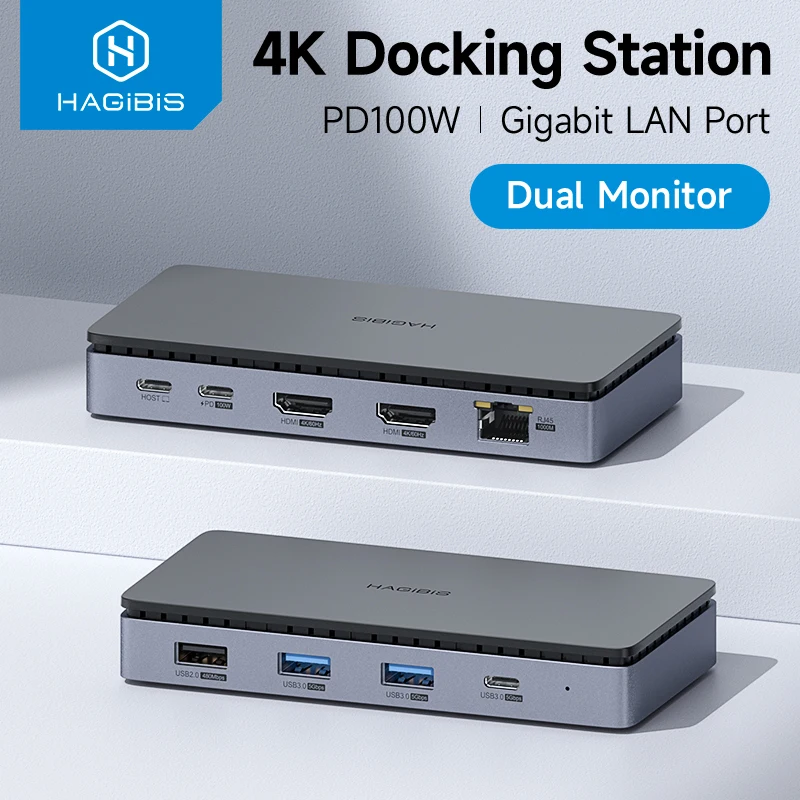 Hagibis USB C Docking Station Type C to Dual 4K HDMI-Compatible 100W PD USB 3.0 Hub RJ45 Triple Display for Macbook Laptop iPad