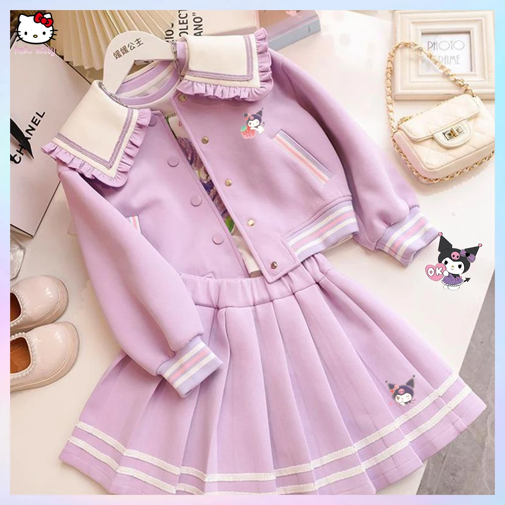 

Anime Sanrioed Kuromi Y2K Kids Girls Princess 2Pcs Clothes Set Kawaii Korean Style Spring Autumn Fashion Coat Skirt Sweat Pants