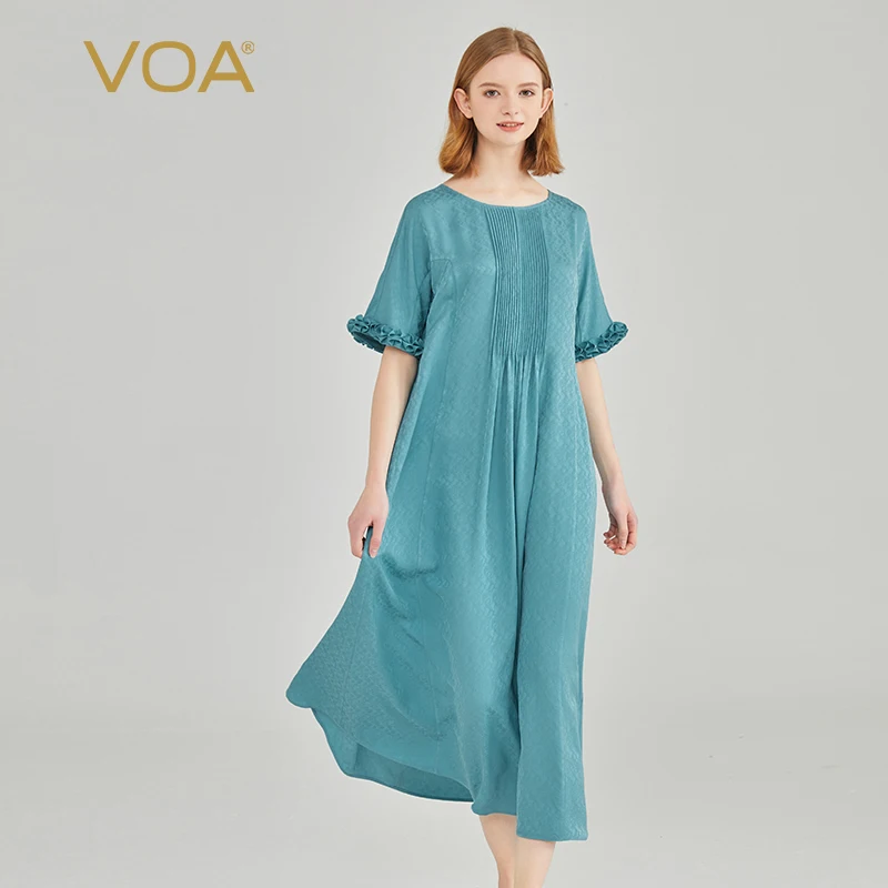 

VOA Jacquard Silk Coconut Blue O-neck Office Ladies Dress Summer Wooden Ear Trim Short Sleeve Loose Silk Dresses Women AE2126