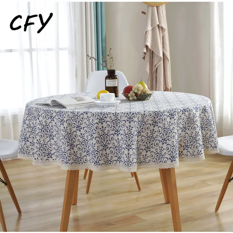 

Cotton Linen Retro Round Tablecloth Blue and White Porcelain Lace Tablecloth Anti-stain Waterproof CoffeeTable Cloth Cover Towel