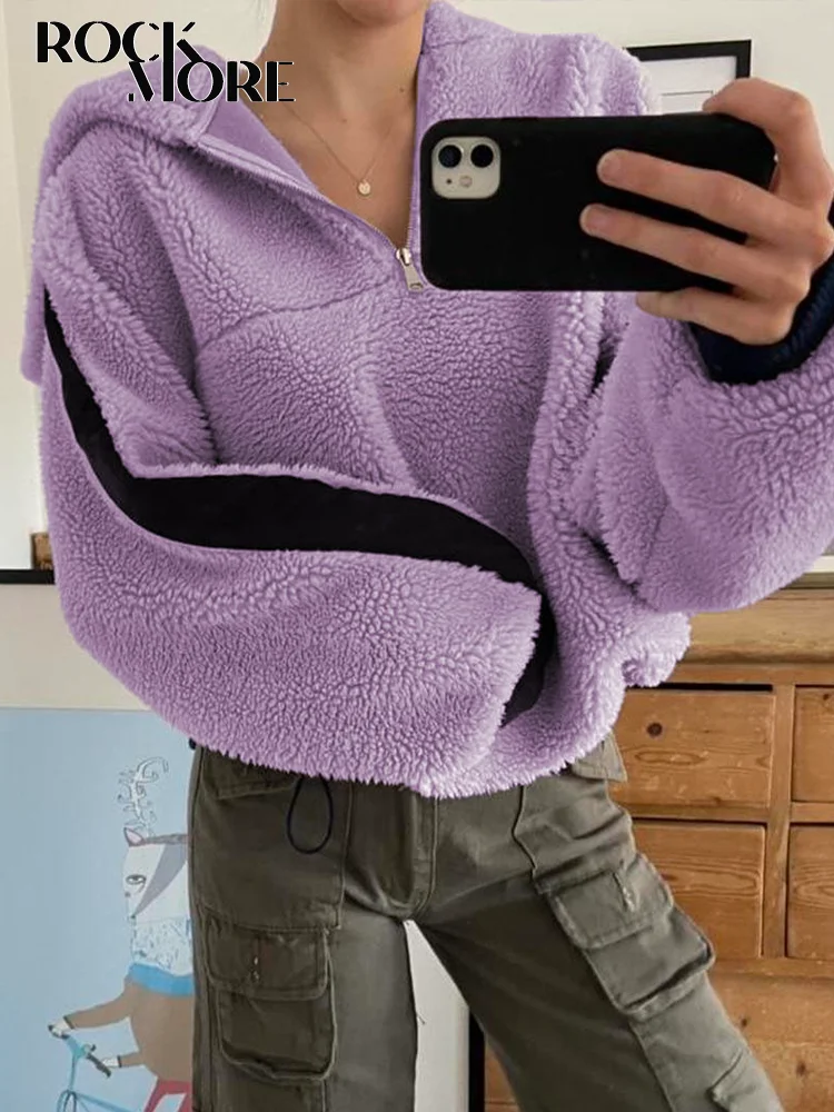 

Rockmore Vintage Zipper Hoodie Sweatshirt Women Harajuku Patchwork Pullover Top Autumn Winter Warm Lambswool Oversized Clothes