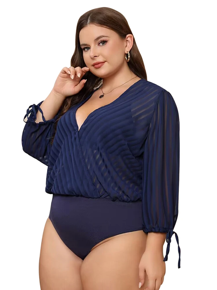 

Plus Size Bodysuit Women Deep V Neck Patchwork Ropa Mujer Autumn New Striped See Through Sexy Streetwear Overize Short Jumpsuits