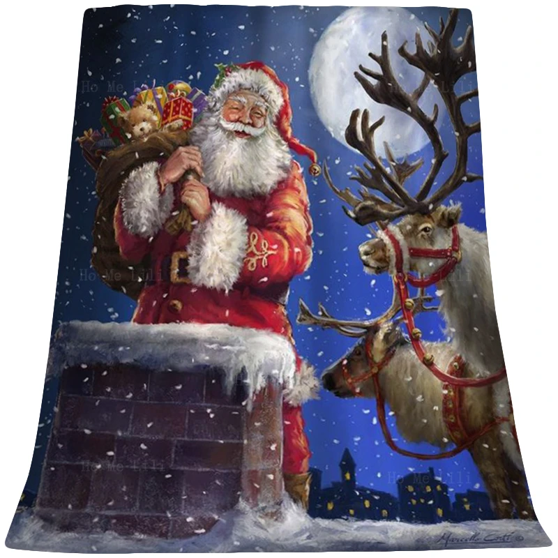

Merry Christmas White Mountain Santa Claus Carries Presents Sleigh Reindeer Flannel Blanket By Ho Me Lili Fit For Sofa Home Use
