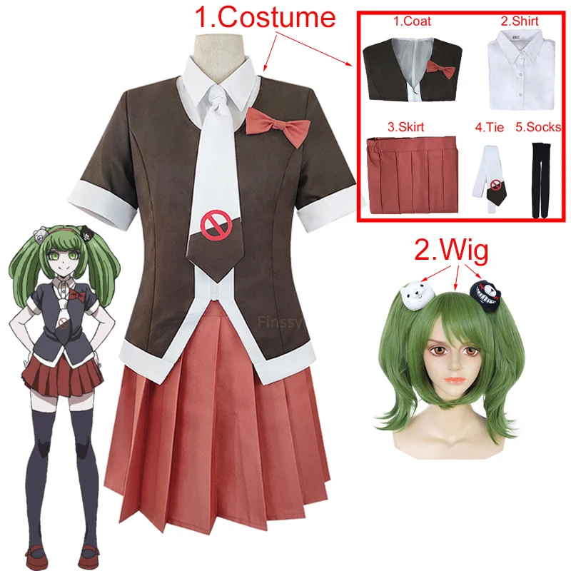 

Anime Costumes Danganronpa Monaka Cosplay Costume High School Student Uniform Cafe Work Clothes Short Skirt Ponytail Wig