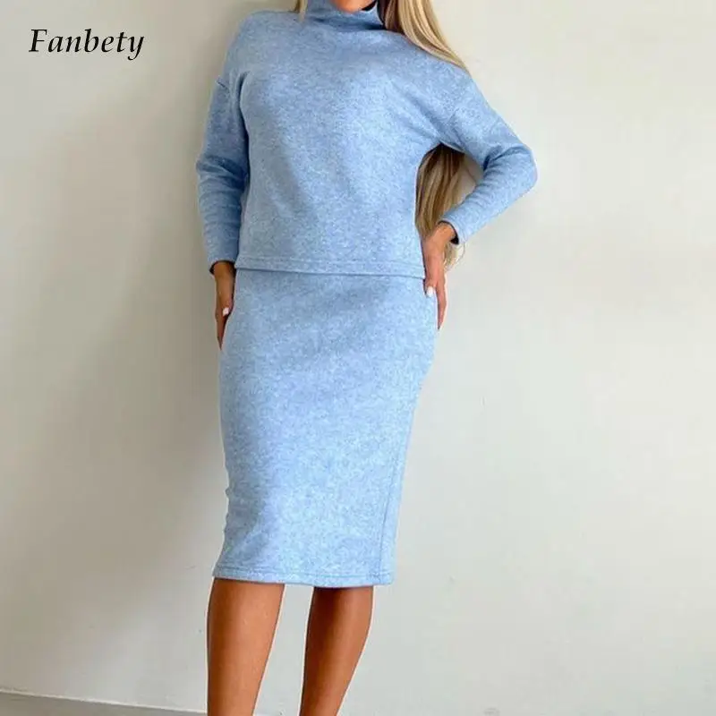

Fashion Turtleneck Pullover and Wrap Hip Skirt Outfits Women Casual Long Sleeve Solid Suits Office Elegant Loose TwO Piece Sets