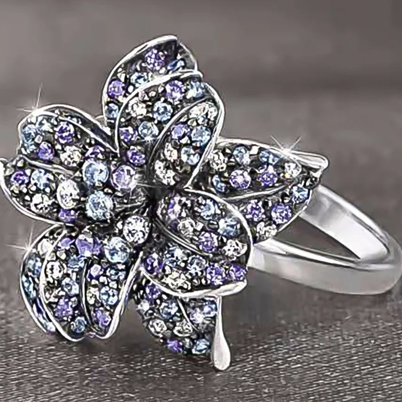 

Creative Jewelry Temperament Fashion Mixed Color Crystal Flower Gorgeous Palace Style Ring Whole Sale Rings Size 6-10