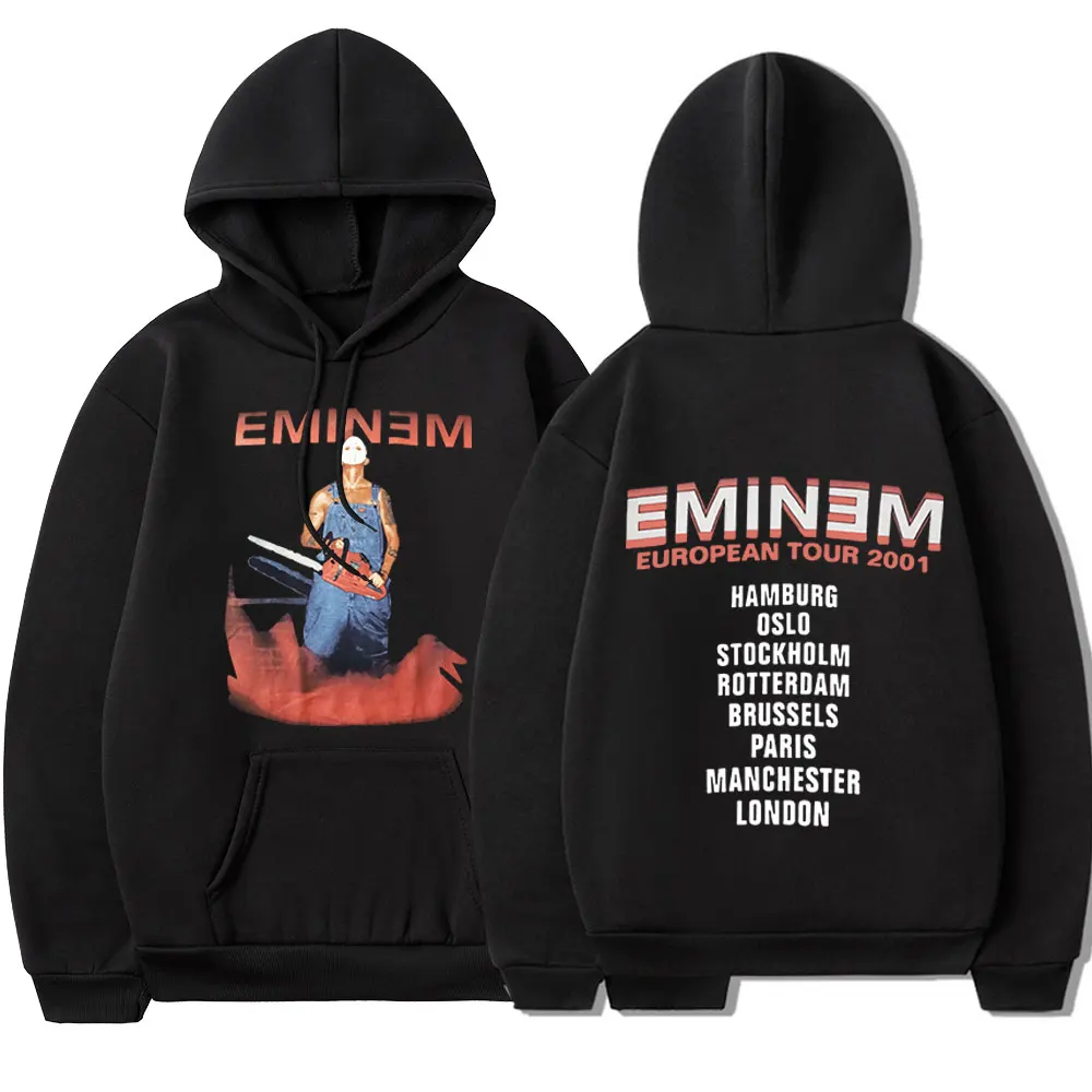 Eminem European Tour 90s Hip Hop Rapper Double Sided Print Hoodie Men Women Pullover Oversized Sweatshirts Streetwear Hoody