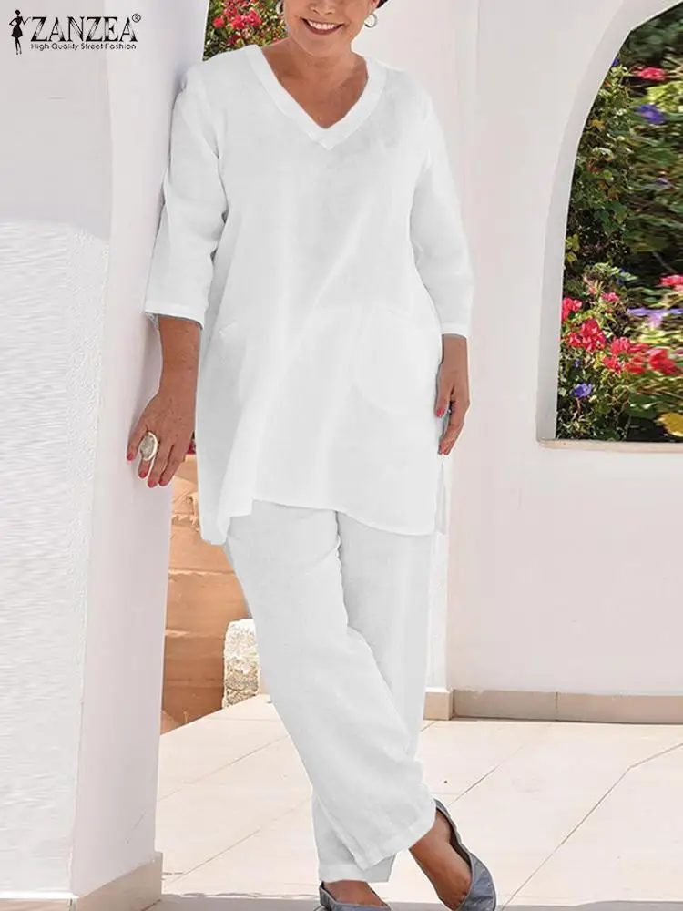 

ZANZEA 3/4 Sleeved V-Neck Oversized Blouse Wide Leg Pant Femme Holiday Vintage Sets Summer Women Solid Color Suit Sets 2PCS