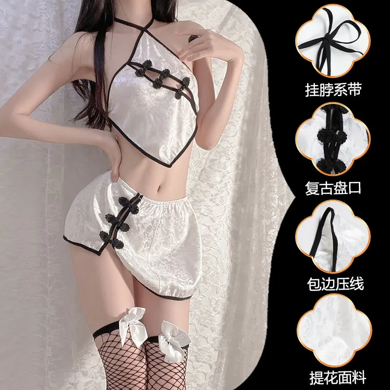 

Sexy Lingerie Female Perspective Classical Cheongsam Dress Straps Tempting Nightclub Split Uniform Suit Hollow Out Qipao New