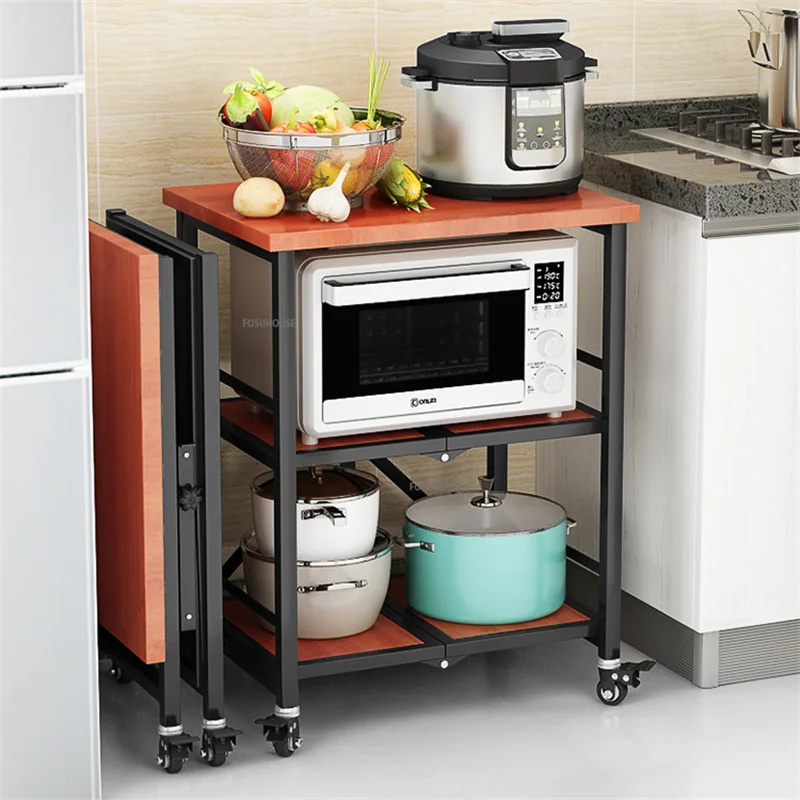 

Installation-free Kitchen Trolleys Movable Stainless Steel Folding Cart Floor-standing Microwave Oven Storage Rack with Wheels