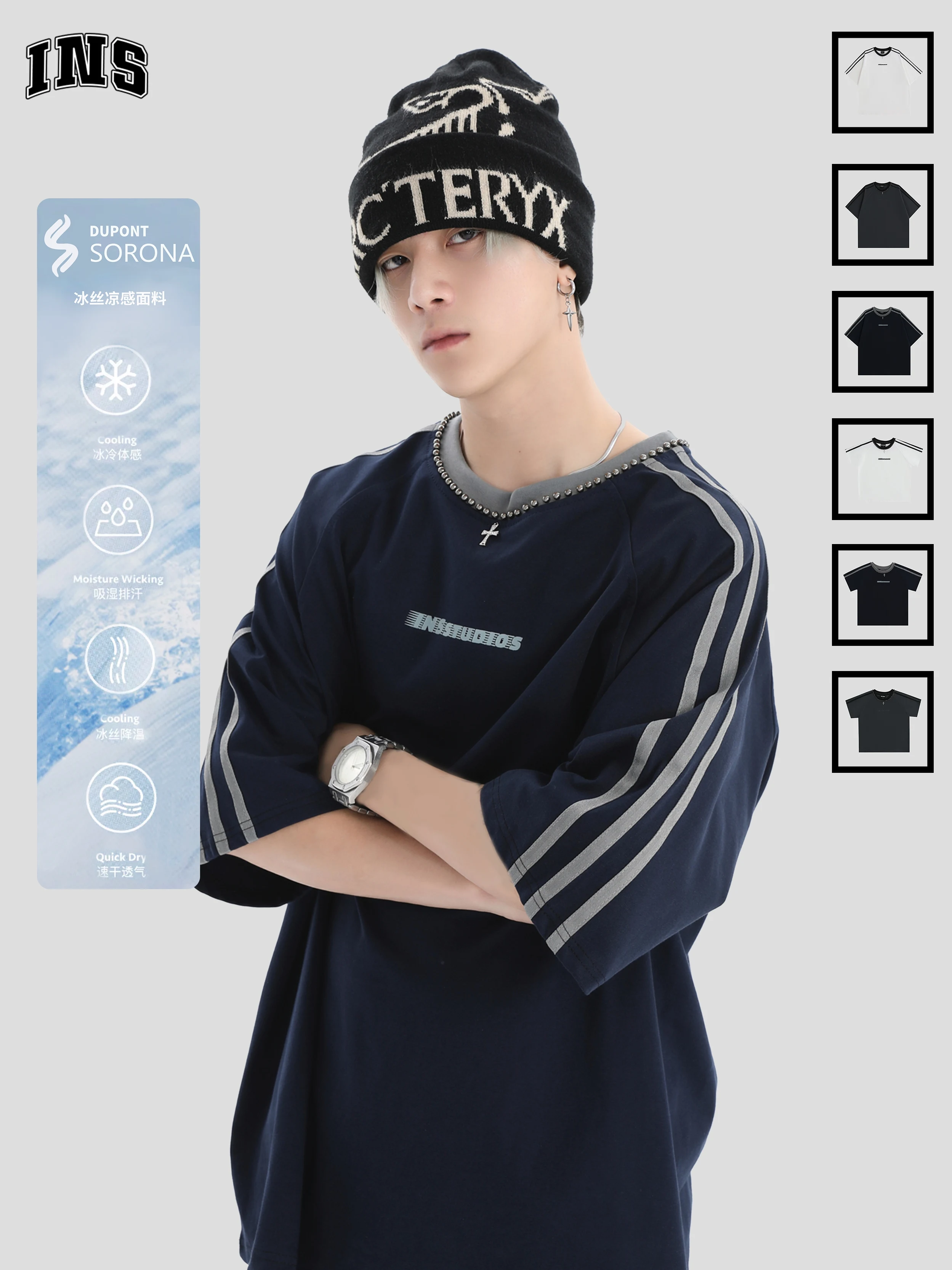 Insstudios National Fashion Brand Couple American Cool Feeling Patchwork Beaded Short sleeve Loose Stripe Ribbon Raglan T-shirt