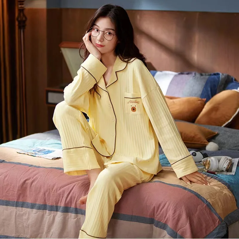 Pyjamas Women Spring 100% Cotton Sleepwear 2022 New Turn-Down Collar Home Clothes 2 Pieces /Sets Long Sleeve Trousers Homew