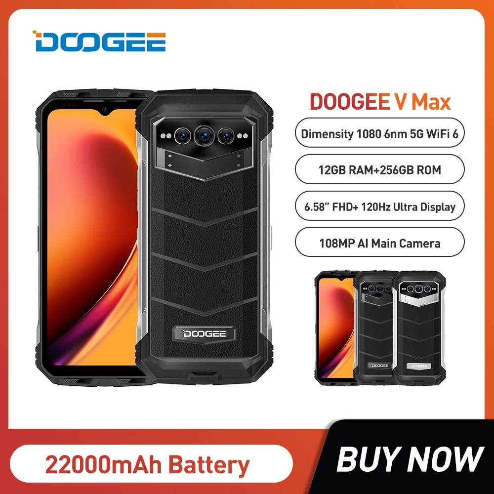 DOOGEE V Max 5G 22000mAh Smartphone 12GB 256GB 6nm Processor Octa Core Cellphones 108MP Camera Rugged 120Hz Display Mobile Phone