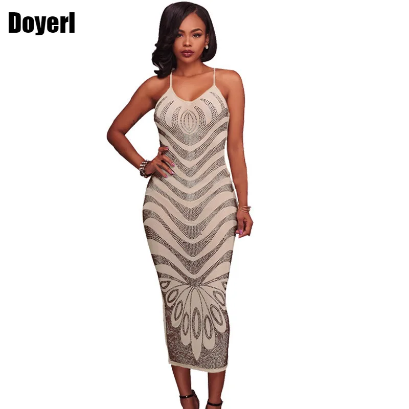 Women Sparkly Rhinestone Bodycon Midi Dress Elegant Sexy Club Wear Diamonds Strap Celebrity Birthday Party Dresses Outfits | Женская