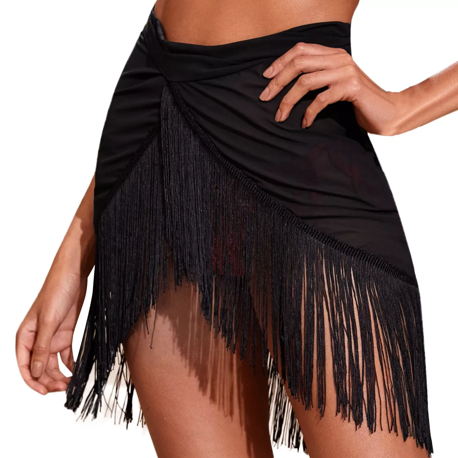 

Women tassel Trim Sheer Beach Skirt Cover Up Skirt Beach Wrap Bikini Shiny Wraps Cover Ups For Swimwear Mesh Cover Up Skirt 2022