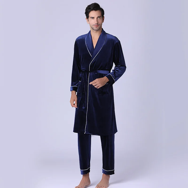 Velvet Man's Pajamas Sets Robes and Pants Wine/Navy 2 Pieces Sleepwear Home Wear Size L XL XXL