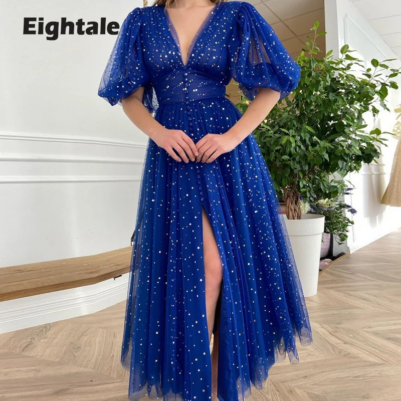 

Eightale Starry Prom Dresses 2022 Plus Size Royal Blue Deep V Neck Sparkly Evening Gown Party Dress vestidos para graduación
