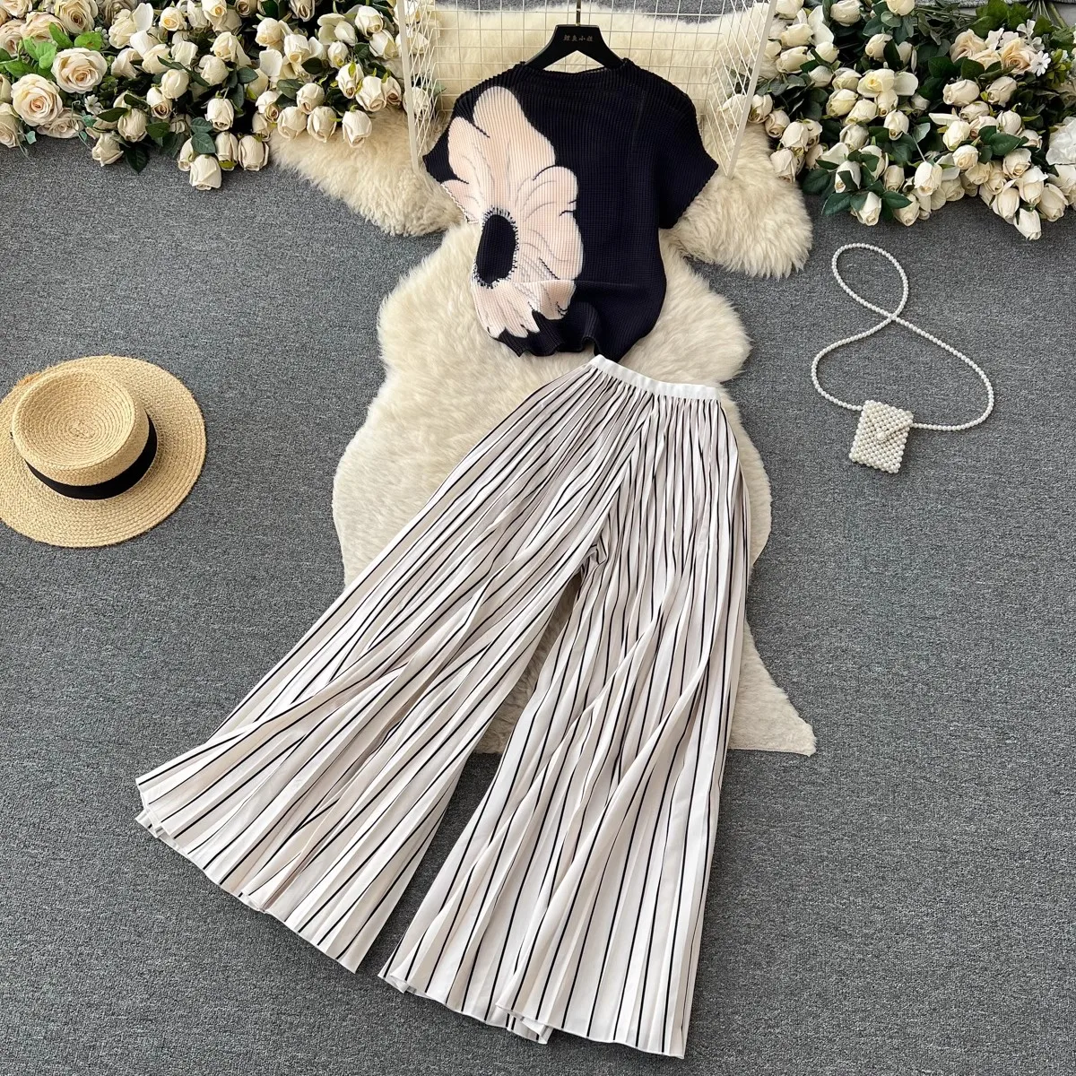 

Runway 2 Pieces Pant Set Women High Stretchy Pullover Tops And Gradient Stripe Wide Leg Trousers Suit Miyake Clothes M9220