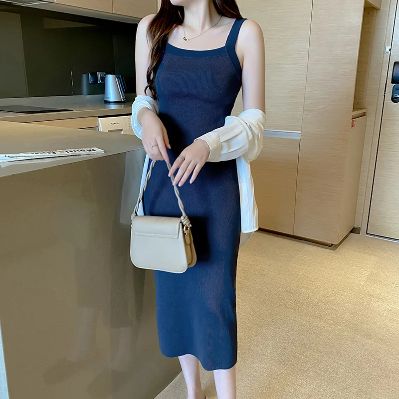 

New Summer Women Solid Vest Dress Covered Breast Wide Suspender Mid-calf Dresses Hq Fashion Versatile Show Thin Sheath Dresses