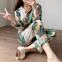autumn 100 cotton sleepwear womens pajamas set winter long sleeve nighties leaf printed female homewear plus size home suit