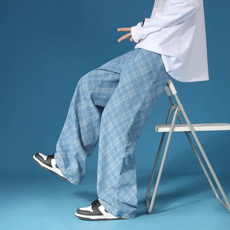 Original Retro Jacquard Plaid Casual Versatile Straight Loose Jeans Men's Brand Clothing Trousers Couple Pants Trend Streetwear