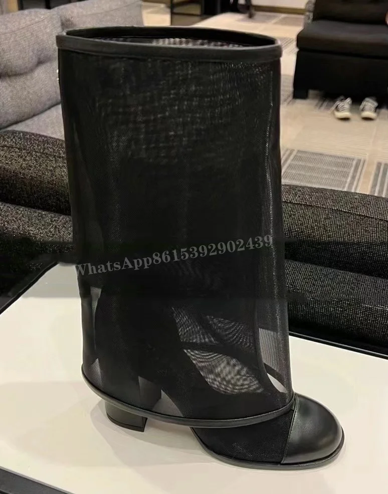 Hollow Mesh Flip Up Sleeve Boots Women Thick Heel Black Loose Knee Booties Round Mary Jane Elegant Shoes Slip On Sexy Casual