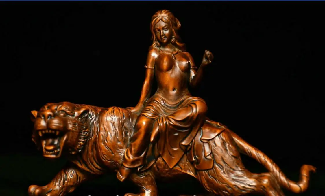 

Chinese Boxwood Wood Carved pretty Women Belle Lady Ride Tiger Beast Statue