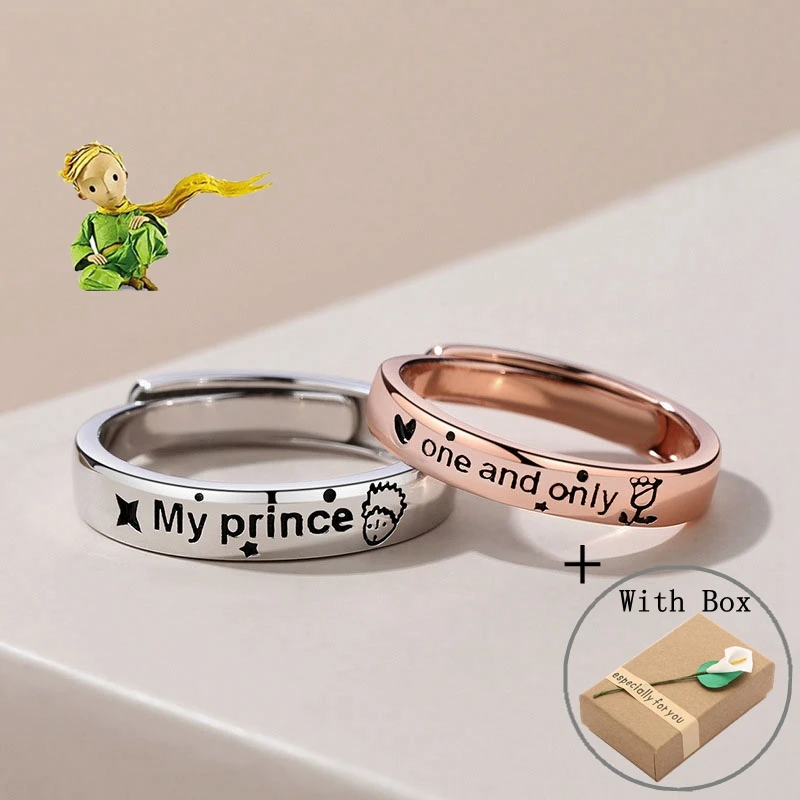 Silvology Real 925 Sterling Silver Little Prince and Rose Flower Couple Ring for Women Men Creative Birthday Lovers Jewelry Gift