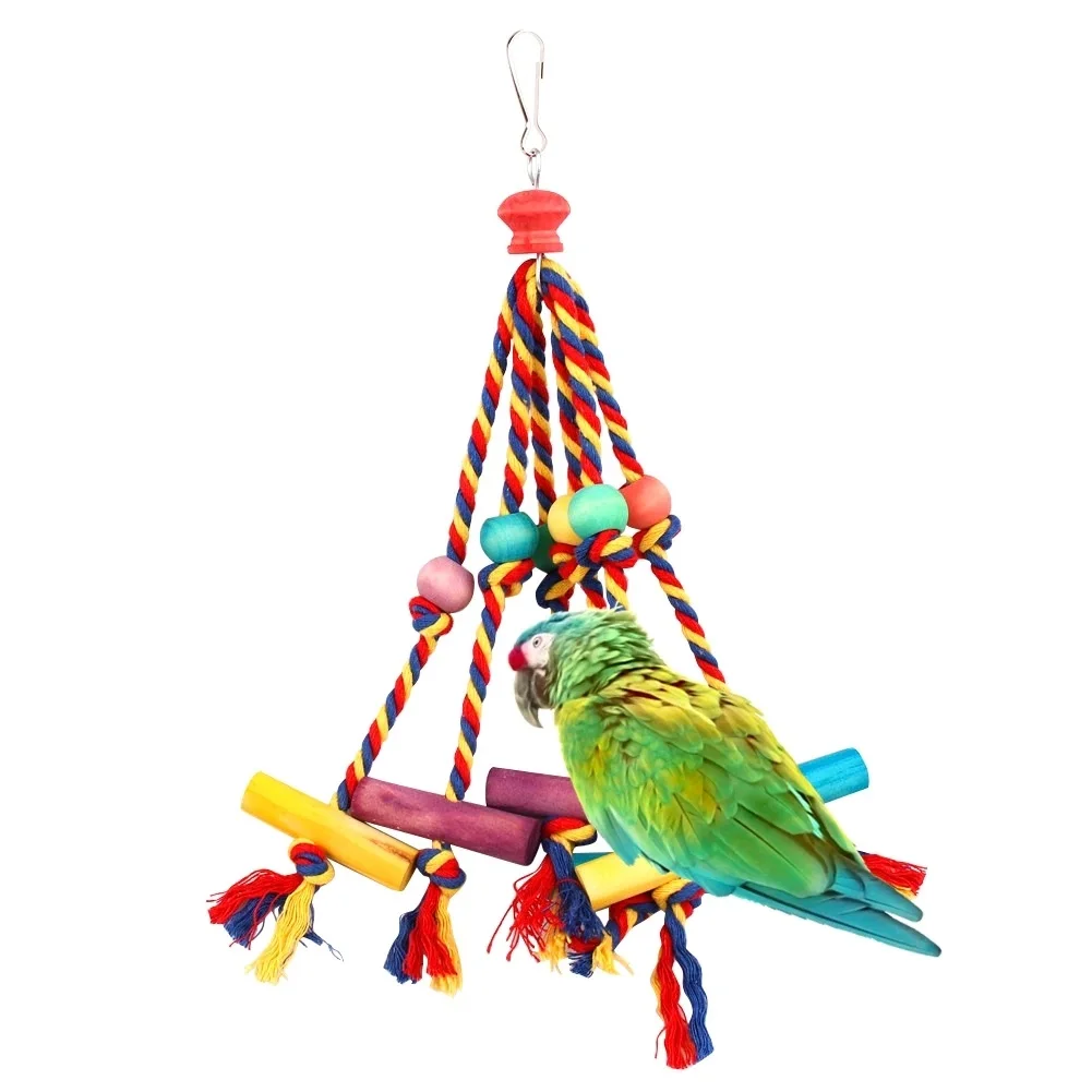 

Parrot Toy Cotton Rope Colorful Beads Wood Block Chewing String To Relieve Boredom Chewing Bird Tearing Training Pet Cotton Rope