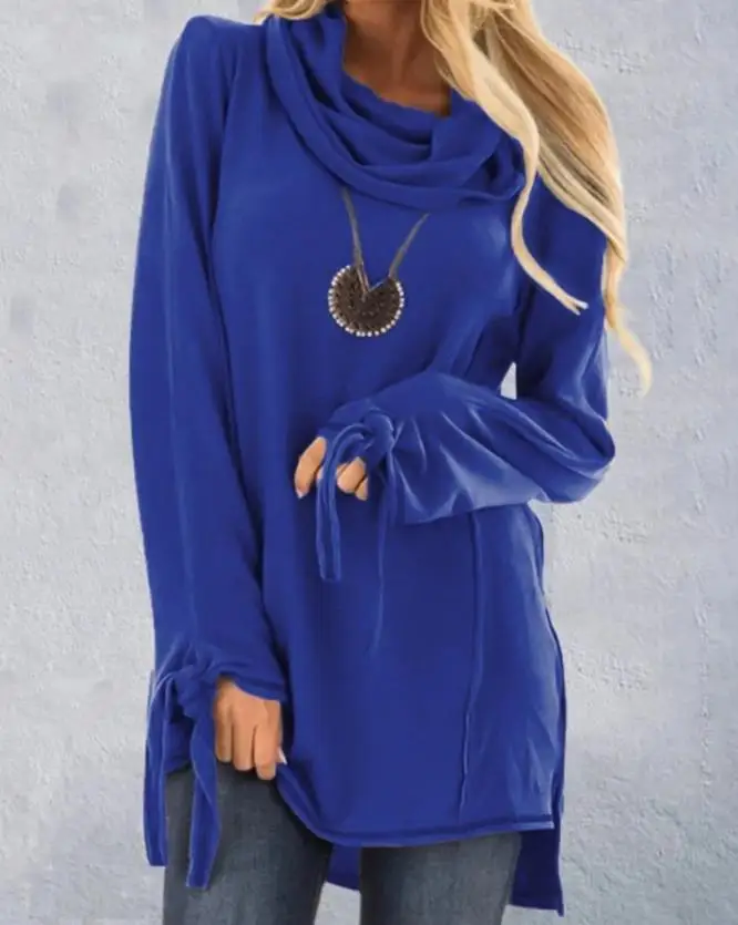 

Casual Blue 2022 Autumn Winter Women Sweatshirt Tied Detail Long Sleeve Funnel Neck Top Pullover All-Match New Fashion