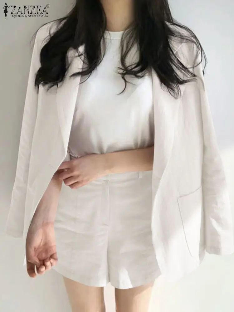 

Women's Summer 2 PCS 2022 Fashion Solid Blazer And Shorts ZANZEA Retro Cotton Short Suit Casual Long Sleeve Tracksuit Oversized