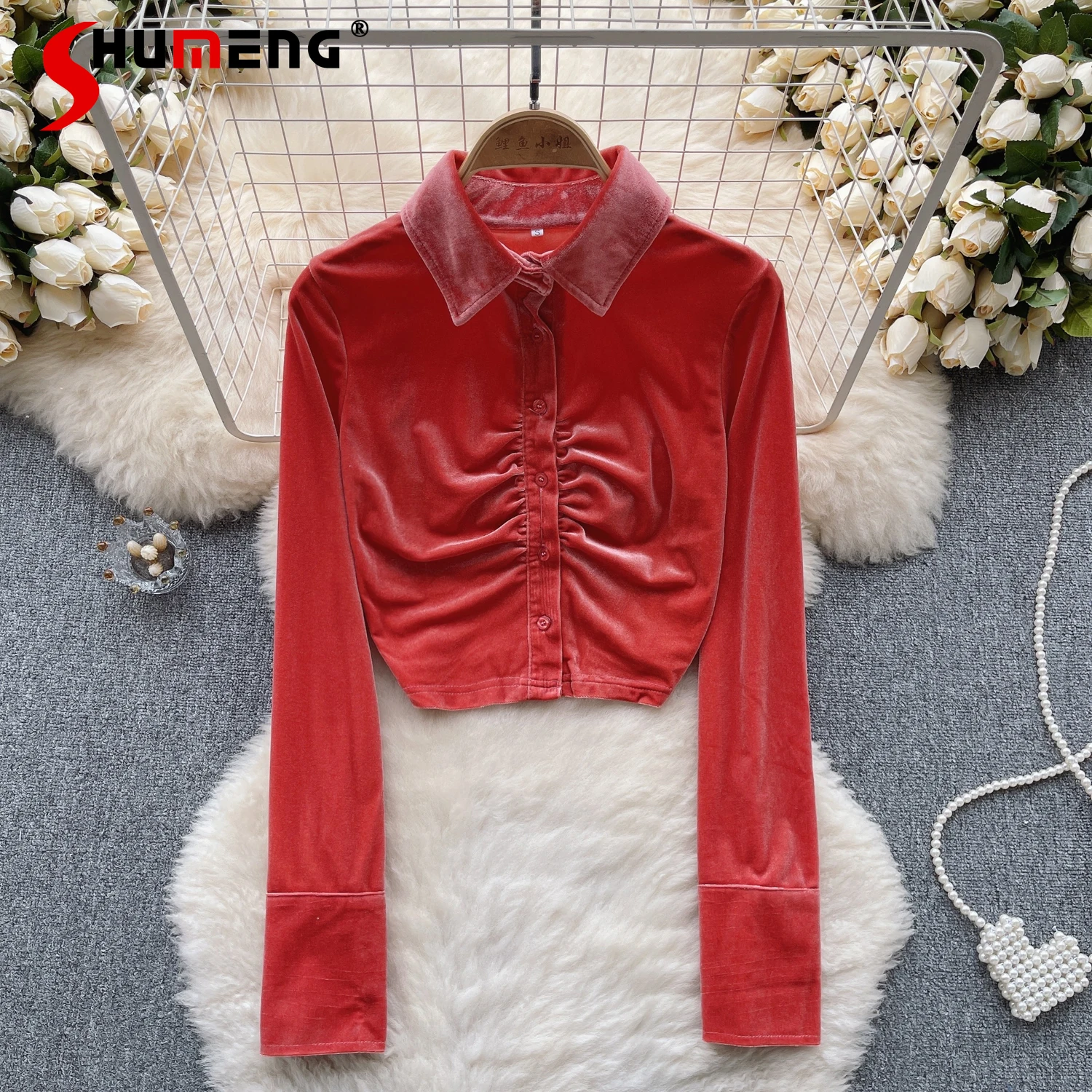 

High-Grade Solid Color Shirt Women's Spring Autumn Polo Collar Long Sleeve Skinny Short Show Umbilical Top Blusas De Mujer