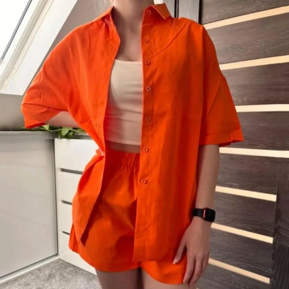 

2 Pcs/Set Stylish Quick Dry Stretchy Waist Shirt Shorts Suit Cardigan Women Coat Shorts Set Solid Color Female Clothing