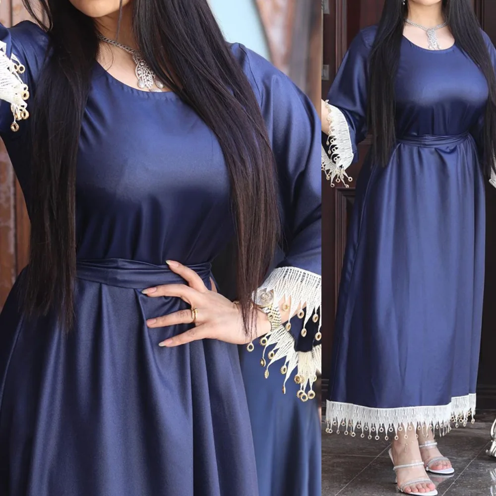 Элегантная мусульманская одежда Дубай кружевное лоскутное платье с длинным рукавом Jalabiya с вырезом лодочкой темно-синее вечернее платье дл...