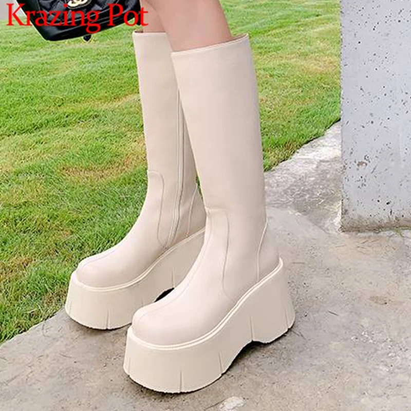 

Сапоги Krazing Pot из бычьей кожи с круглым носком на очень толстом высоком каблуке и платформе, сапоги для верховой езды в Корейском стиле на молнии для девушек
