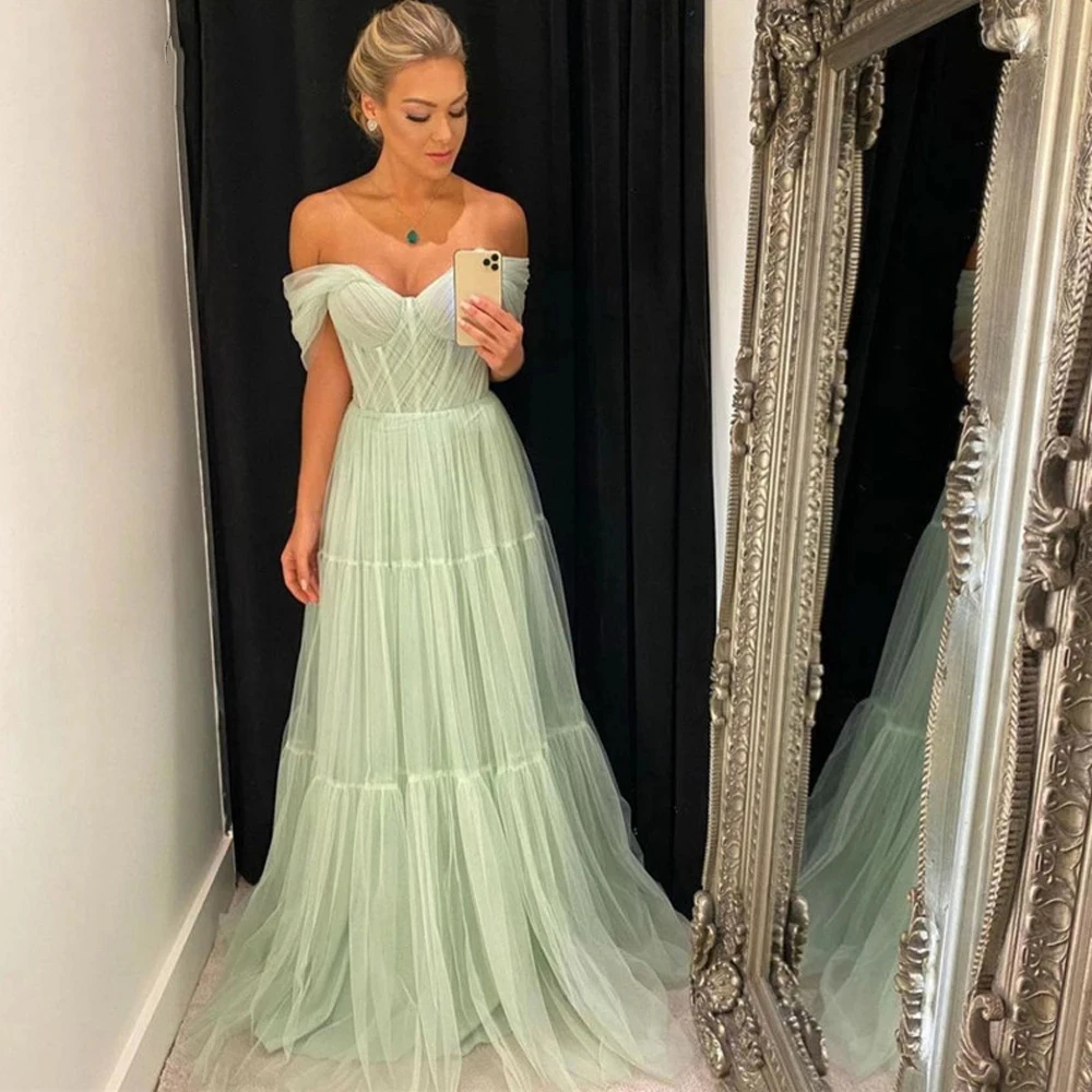 

Private Custom Green Prom Gown Tulle Long Prom Dresses Pleats Off The Shoulder Plus Size Women Party Gowns