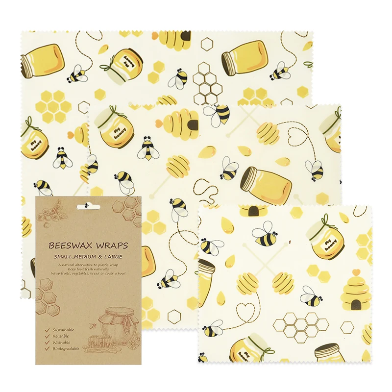 3Pcs/Pack Natural Beeswax Wrap Eco Friendly Kitchen Wrap Replacement Organic Bees Wax Reusable Sustainable Beeswax Food Wraps