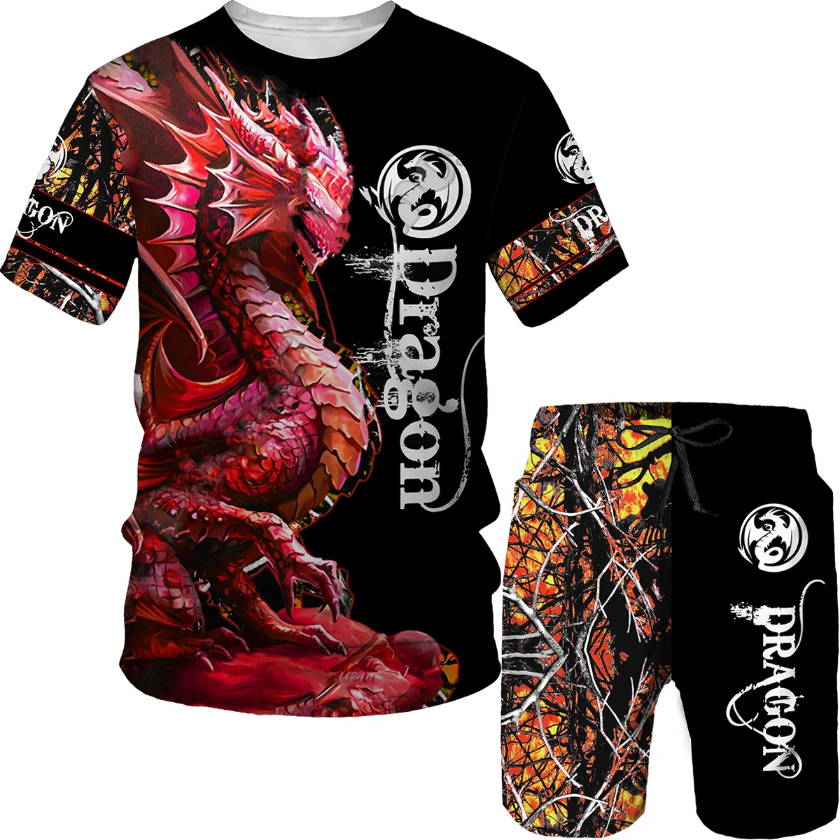 2023 Summer Latest Men's T-shirt+Shorts 2PK 3D Funny Dragon Tiger Print Large Vintage Fashion Casual Street Sportswear XXS-6XL