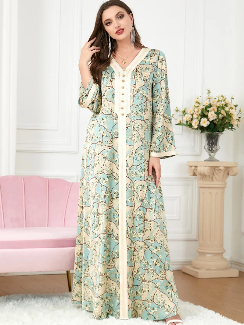 Floral Abaya for Women Printed Satin Ramadan Muslim Long Dresses Moroccan Kaftan Gulf Jalabiya Islam Dubai Turkish Modest Dress